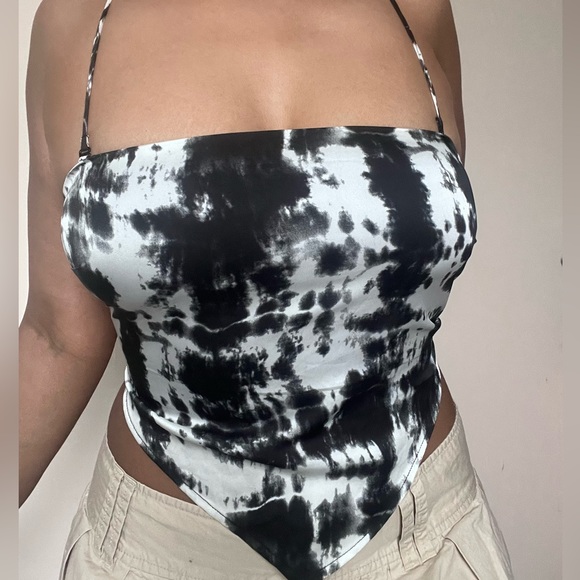 Tie Die Scarf Halter Top: Black & White Satin material - Picture 3 of 3